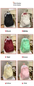 Detailed grid view showing nylon backpacks in six colors with letter prints and zippers