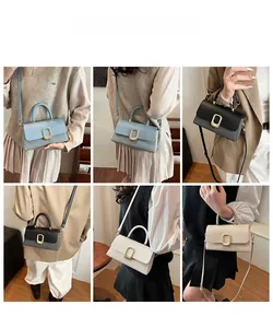 Collage of chic square handbags showing various carrying styles and trendy color options