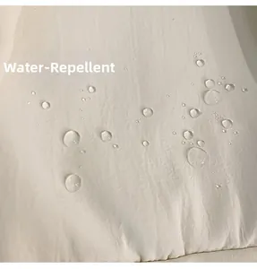 Close-up showing the water repellent fabric of the white backpack with water droplets