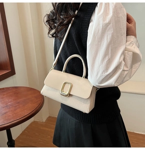 Detail showing beige leather and woven texture mix with a gold metal buckle on a handbag