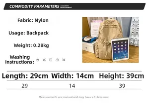 Detailed size chart for nylon backpack showing dimensions 29x14x39cm and lightweight 0.28kg