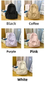 Collage of aesthetic nylon backpacks in five colors with drawstring bow detail