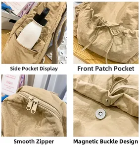 Detail view of khaki school backpack featuring side bottle pocket and bow front pouch