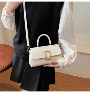 Detail of a beige handbag featuring a mix of smooth leather and woven texture with gold buckle
