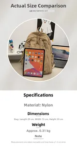 Detailed specs of the khaki nylon backpack with 29x13x39cm dimensions and 0.31kg weight