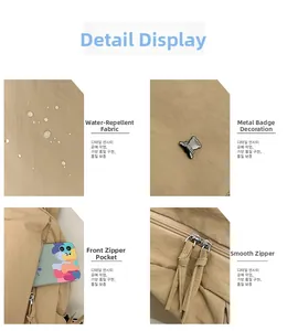 Detailed views of water-repellent nylon backpack with metal bear tag and smooth zippers