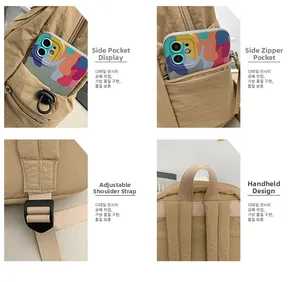 Detail view of nylon backpack featuring side pockets, adjustable straps, and top handle