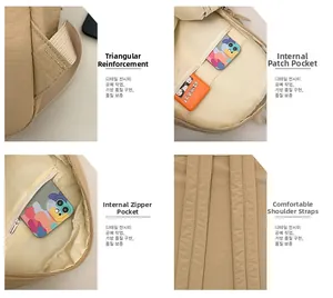 Detailed view of reinforced stitching and internal multi-pockets of this beige backpack