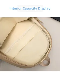 Detail of spacious interior with padded laptop compartment in light khaki backpack