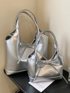 Silver metallic oil wax leather tote and underarm bag set with bow details for women