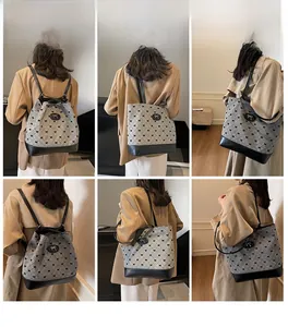 Collage d'un sac à dos gris à motif nœud porté de différentes manières par le mannequin