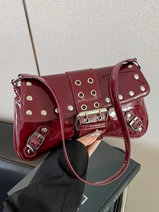Punk Rivet Patent Leather Underarm Bag For Women Y2K Street Style Shoulder Bag With Metal Buckle And Eyelet Decor