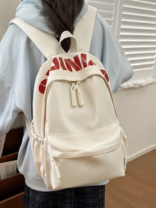 Minimalist beige backpack with red letter print and large capacity for casual commuting