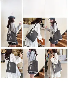 Detail showing checkered tote bag with lace trim and bow in multiple wearing styles