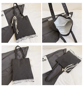 Detail view of a plaid tote bag with white lace trim showing interior compartments