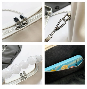 Vues détaillées du sac blanc avec poignée en perles montrant la boucle et l'intérieur
