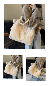 Detailed view of beige canvas tote bag with drawstring side pockets and dual handles