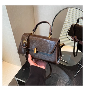 Detail der dunkelbraunen quadratischen Tasche mit goldener Schnalle und Lederstruktur