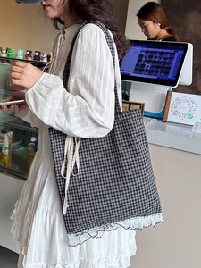 Minimalist black and white plaid tote bag with delicate white lace trim for women