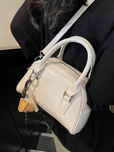 Retro minimalist cream white bowling handbag with yellow woven charm for women