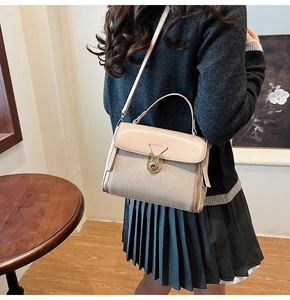 Detail der minimalistischen zweifarbigen Lederhandtasche mit goldenem Schloss