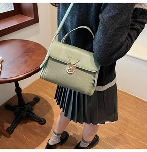 Details der hellgrünen Handtasche aus Leder und Canvas mit goldenem Dreiecksverschluss