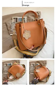 Detailansicht der orangefarbenen Beuteltasche aus Leder mit Blumenanhänger und Metallgriff