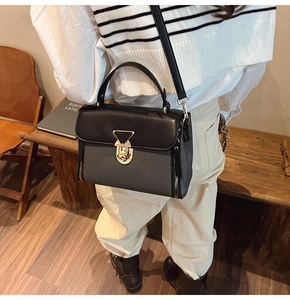 Minimalistische schwarze Handtasche aus Leder und Canvas mit goldenem Dreiecksverschluss