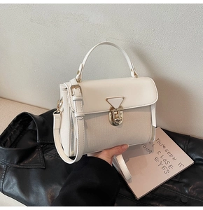 Detailansicht der beigefarbenen Handtasche aus Canvas und Leder mit goldenem Drehverschluss