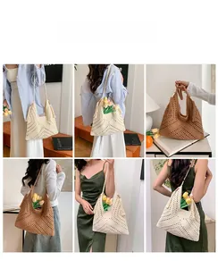 Collage of model wearing crochet woven shoulder bags in bohemian beach vacation style