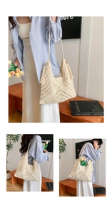 Detail of bohemian cream crochet tote bag with hollow diamond pattern and side tassels