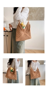 Detail of hand-woven crochet beach tote bag with V-shaped texture and tassel detail