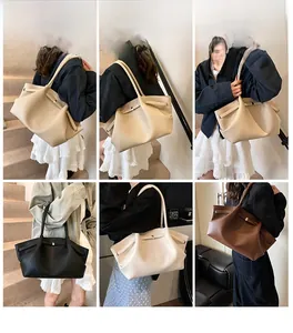 Detailed views of vintage pleated tote bags in beige, black, white, and brown leather