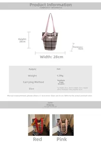 Detail specifications of plaid canvas tote bag with pink straps and product dimensions