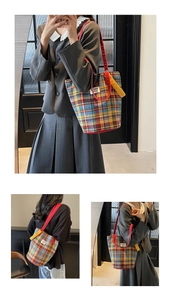 Detail of vintage plaid canvas tote bag with colorful checks and wide red shoulder straps