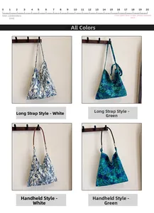 Detail view of large canvas tote bags in four floral styles with strap length measurements