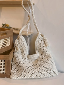 Women Bohemian Crochet Woven Shoulder Bag Hollow Out Tassel Fringe Large Tote Beach Vacation Handbag Beige Khaki