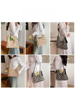 Detailed views of crochet hobo bags showing knit texture and diamond hollow patterns