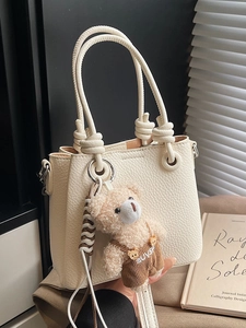 Fashion Lychee Texture PU Leather Bucket Bag For Women Minimalist Knot Handle Handbag With Detachable Shoulder Strap Daily Tote