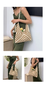 Close-up of bohemian hand-woven shoulder bag with fringe tassels and contrast stitching