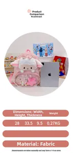 Dettagli dello zaino in peluche agnello rosa con finestra e misure 28x33,5x9,5cm
