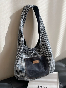 Grand sac cabas en denim à carreaux avec design réversible et poche avant pour femme