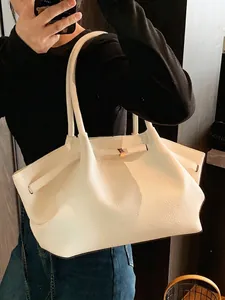 Retro white large capacity pleated tote bag with gold buckle and lychee texture