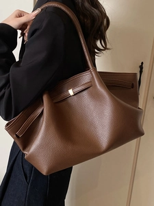 Vintage brown large capacity pleated tote bag with lychee texture and gold buckle