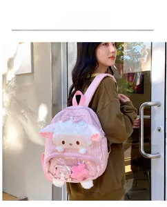 Zaino rosa trapuntato con agnello di peluche e tasca frontale trasparente in PVC