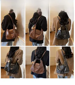 Detailed views of vintage soft leather tote bag showing crossbody and shoulder wear styles
