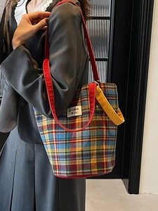 Retro plaid tote bag with colorful contrast straps and spacious university style design