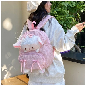 Zaino rosa in tessuto con peluche a forma di pecora bianca e fiocchi in nastro rosa