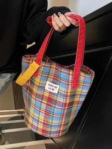 Vintage plaid tote bag with colorful check pattern and red canvas shoulder straps