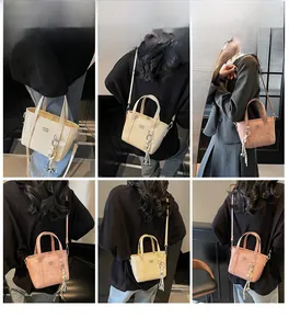 Mini tote bags in cream and pink showing multiple angles and crossbody styling